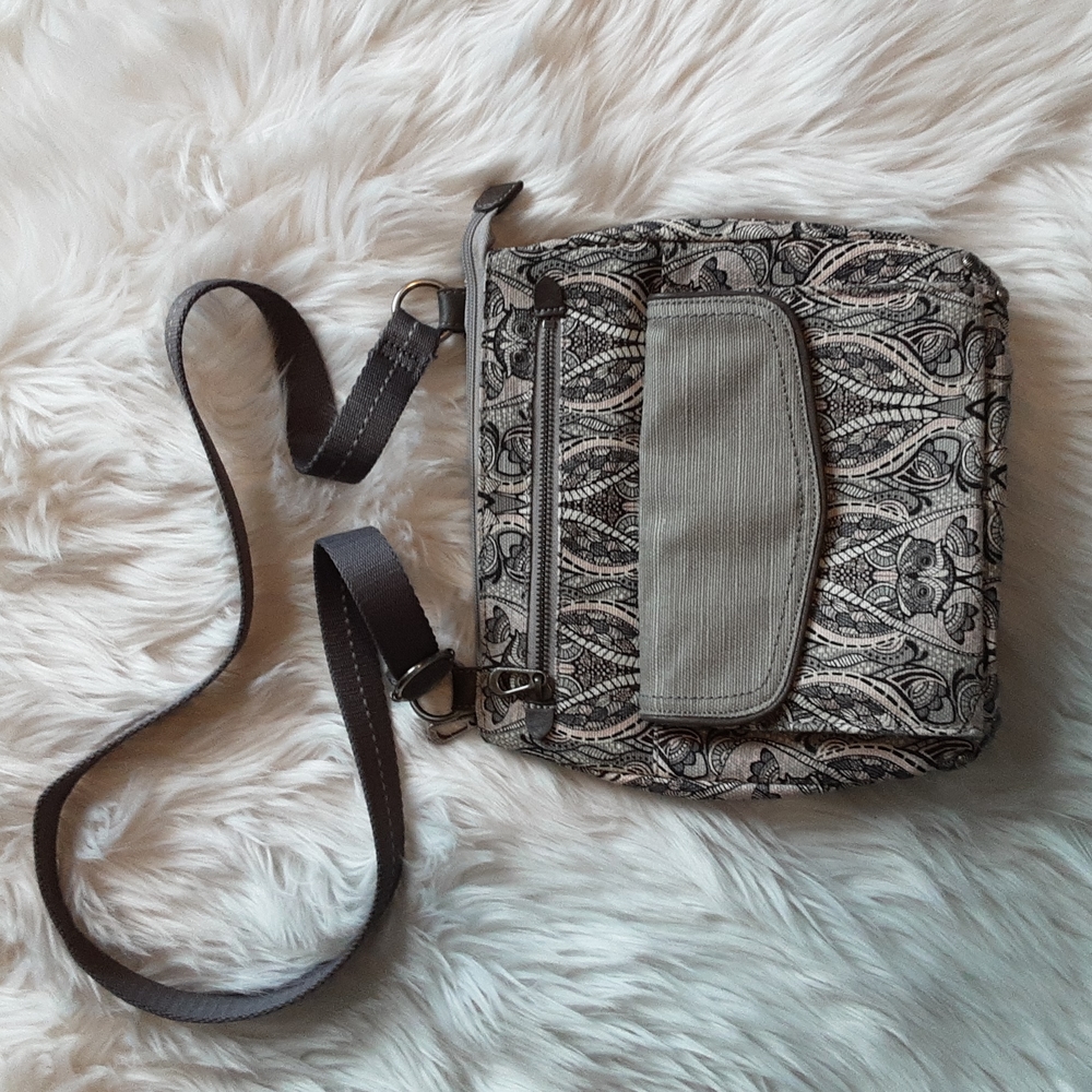 Cross body bag in Grey and pink paisley style pattern